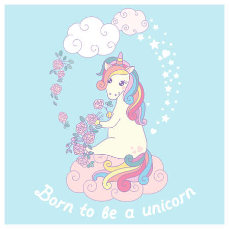 Hand drawn cartoon card with cute unicorn.のイラスト素材