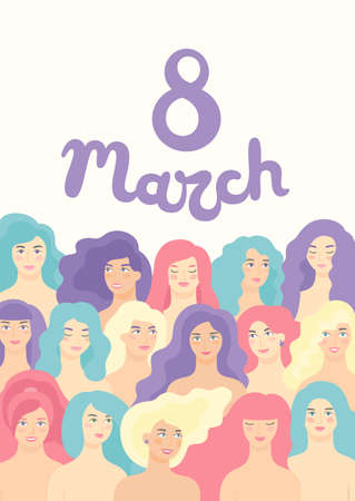 Vector flat cartoon design for International Women s Day 8 March holiday with different women. Happy women s day celebration calendar concept.のイラスト素材