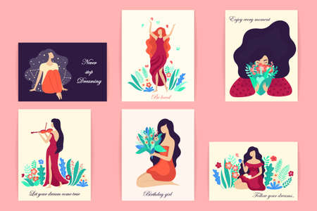Romantic set of cute illustrations. Vector illustrations with a dreamy young beautiful women surrounded by plants and flowers. EPS 8.のイラスト素材
