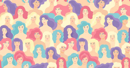 International Women s Day. Vector seamless pattern with flat cartoon women faces. EPS 8.のイラスト素材