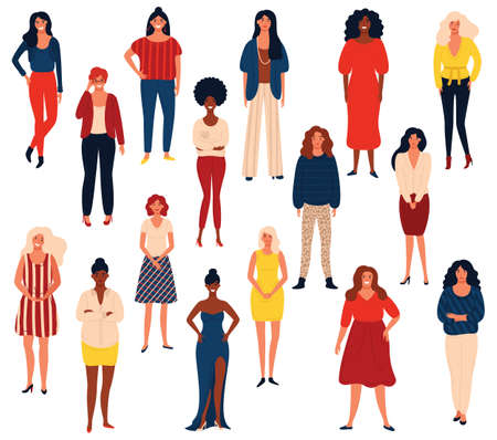 Diverse international group of standing happy women or girls. Flat cartoon characters isolated on white background. Vector illustration for girls power concept, feminine and feminism ideas and so on.のイラスト素材