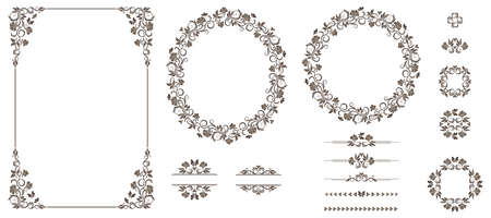 Set of graphic elements for design. Floral elements for design of invitations, frames, menus, monograms, labels, websites.のイラスト素材