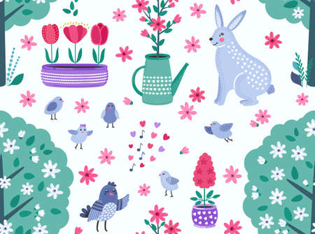 Colorful spring funny vector seamless pattern with flowers, birds and rabbit. Cute flat vector background in bright colors for fabric, wrapping paper, wallpaper. EPS 8.のイラスト素材
