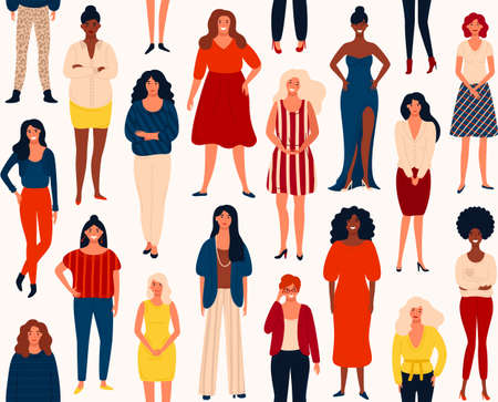 Seamless vector pattern with diverse international group of standing happy women or girls. Vector illustration for girls power concept, feminine and feminism ideas.のイラスト素材