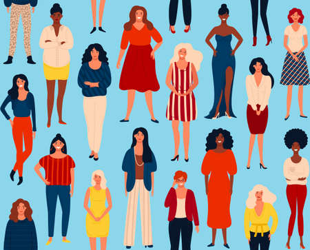 Seamless vector pattern with diverse international group of standing happy women or girls. Vector illustration for girls power concept, feminine and feminism ideas. EPS 8.のイラスト素材