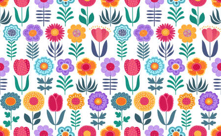 Colorful funny seamless vector pattern with flowers on white background. Cute flat vector background in bright colors for fabric, wrapping paper, wallpaper. EPS 8.のイラスト素材