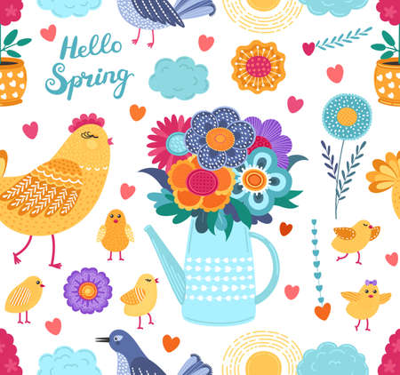 Colorful spring funny vector seamless pattern with flowers and birds on white background. Cute flat vector background in bright colors for fabric, wrapping paper, wallpaper. EPS 8.のイラスト素材
