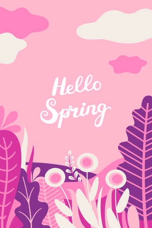 Abstract background with leaves, flowers and copy space for text. Bright flat spring illustration.のイラスト素材