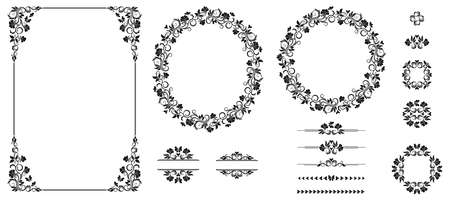 Set of graphic elements for design. Floral elements for design of invitations, frames, menus, monograms, labels, websites.のイラスト素材
