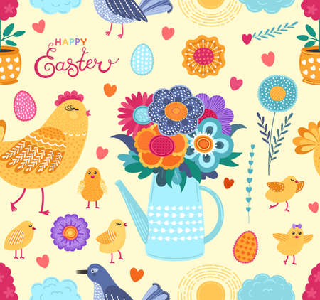 Colorful easter funny vector seamless pattern with spring flowers, chickens, eggs and birds. Cute flat vector background in bright colors for fabric, wrapping paper, wallpaper. EPS 8.のイラスト素材