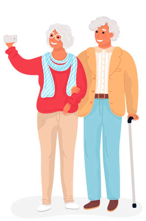 Happy grandparents. Vector flat cartoon illustration. Grandpa and grandma taking selfie photo standing full length holding hands. Elderly couple. Modern grandfather and grandmother. Grandparents day.のイラスト素材
