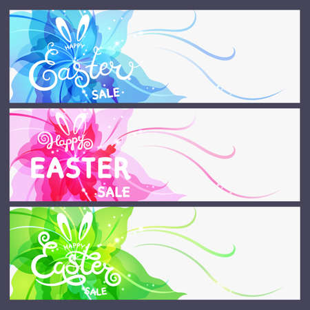 Set of modern Happy Easter cards. Happy Easter sale lettering on abstract flower background.のイラスト素材