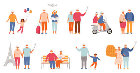 Set of active lifestyle seniors. Elderly people characters. Old people spend time with their grandchildren, traveling the world, walk in the park and on a motor scooter. Grandfather and grandmother isolated on white background. EPS8.のイラスト素材