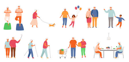Set of active lifestyle seniors. Elderly people characters. Old people eat healthy food, do yoga, nordic walking, walk their pet, spend time with their grandchildren, take a selfie. Grandfather and grandmother isolated on white background. EPS8.のイラスト素材