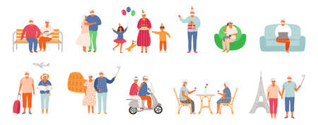 Set of active lifestyle seniors. Elderly people characters. Old people traveling the world, visit a cafe, use a laptop, talk on the phone, celebrate a birthday with family, dance together. Grandfather and grandmother isolated on white background. EPS8.のイラスト素材