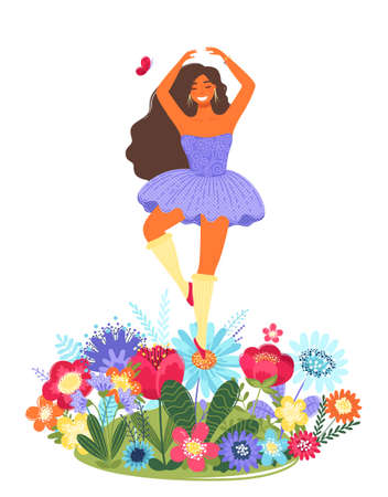 Vector template with happy woman dancing on a flower. Modern flat colorful vector illustration.のイラスト素材