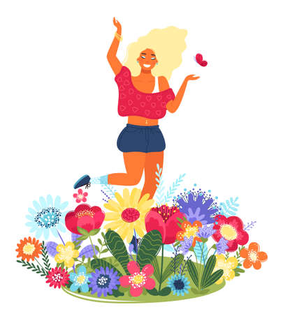 Vector template with happy woman and flowers. Modern flat colorful vector illustration. Young pretty girl surrounded by flowers isolated on white background. EPS 8.のイラスト素材