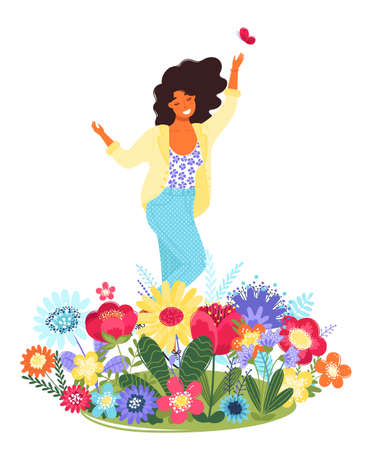 Vector template with happy woman and flowers. Modern flat colorful vector illustration. Young pretty girl surrounded by flowers isolated on white background. EPS 8.のイラスト素材