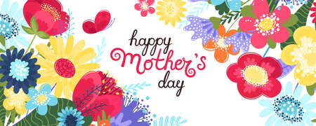 Mother s day greeting card. Mother s day background with hand written text happy mother s day and colorful flowers in flat style. Vector illustration. EPS 8.のイラスト素材