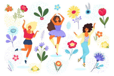 Vector template with happy women and flowers. Modern flat colorful vector illustration.のイラスト素材