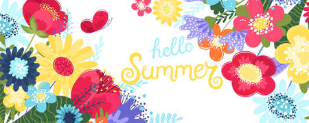 Hello summer background vector with flowers and a butterfly. Vector illustration with hand drawn text and flowers in flat style isolated on white background.のイラスト素材