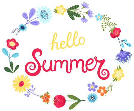 Hello summer background vector. Vector illustration with hand drawn text and flowers in flat style isolated on white background. EPS 8.のイラスト素材