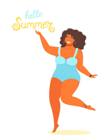 Hello summer background vector with a girl plus size in a bathing suit and hand drawn text Hello Summer. Cute vector illustration in flat style isolated on white background.のイラスト素材