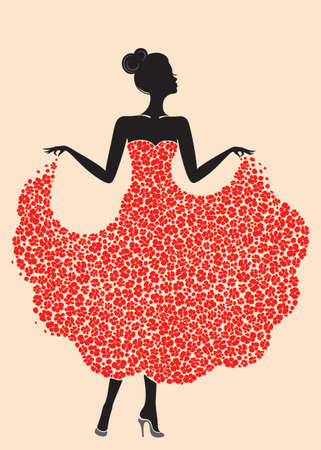 Young beautiful dancer girl in dress of flowers. Elegant woman silhouette isolated on pink background. Vector illustration.のイラスト素材