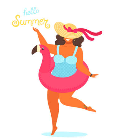 Hello summer background vector with a girl in a bathing suit and hand drawn text Hello Summer. Cute vector illustration  in flat style isolated on white background.のイラスト素材
