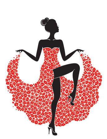 Young beautiful dancer girl in dress of flowers. Elegant woman silhouette isolated on pink background. Vector illustration.のイラスト素材