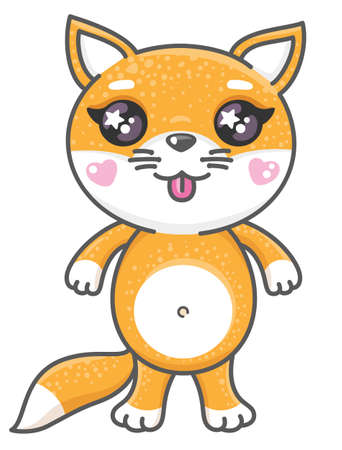 Cute fox cartoon vector illustration. Smiling baby animal foxy in kawaii style isolated on white background.のイラスト素材