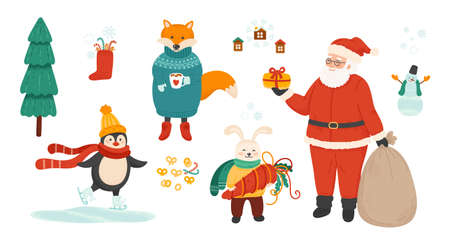 Winter holiday symbols bundle. Christmas celebration vector illustrations set. Santa Claus and cute animals isolated characters on white background.のイラスト素材