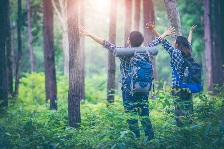 Surrounded by pine trees, young men and young women hikers Asian standing spreading both arms, which represents freedom. They are travelers who enjoy the adventure. Study the ecology of the rainforest.の写真素材