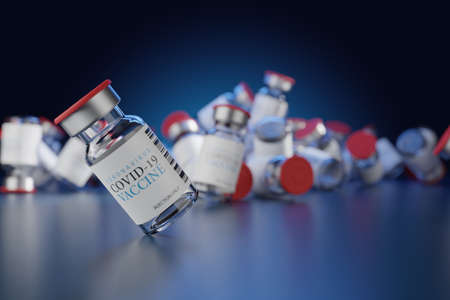 Close up of Coronavirus Covid-19 Vaccine empty bottles with lots on shiny tables and blue background, vigilance concept of all races immunizing against dangerous germs with copy space. 3d rendering.の写真素材