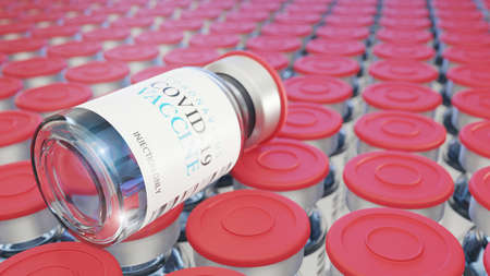 Close-up of Coronavirus covid-19 vaccine vial, placed on top of multiple vaccine vials an immunization concept to reduce the spread of pathogens with copy space. 3d rendering.の写真素材