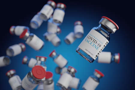 Close-up of a large number of empty covid-19 vaccine bottles floating in mid-air on a blue background. Bulk vaccine concept to immunize against dangerous pathogens with copy space, 3D rendering.の写真素材