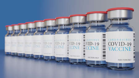 Close-up of covid-19 coronavirus vaccine bottles lined up in large numbers. which is an immunization concept to reduce the spread of germs with copy space, 3D rendering.の写真素材