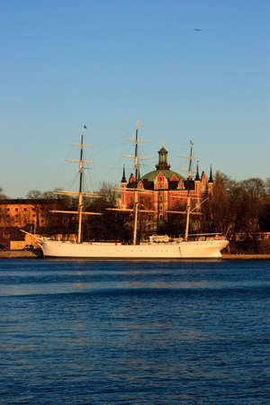 A white boat in Stockholm, in a sunny dayの写真素材