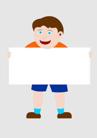 Illustration of a kid holding an empty white banner with room for your textの写真素材
