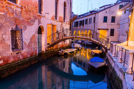 A canal view in Venice, Italy at blue hour before sunriseのeditorial素材