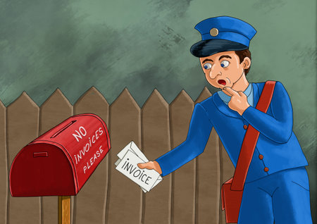 Funny illustration of a postman ready to deliver invoices