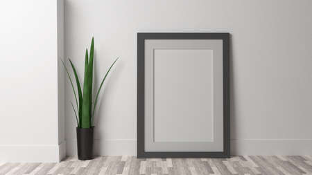 Poster mockup on a white wall with a brown/red frame. CGI image, 3D rendering, 3D illustration frame.の写真素材