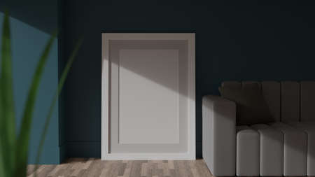 Poster mockup on a green wall with a white frame. CGI image, 3D rendering, 3D illustrationの写真素材
