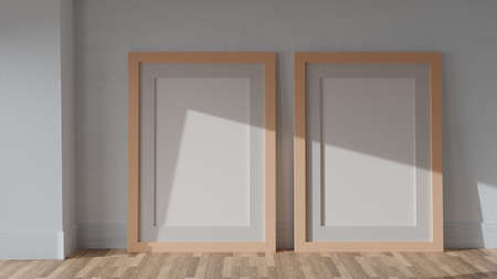 Two posters mockup on a white wall with a natural color frame. CGI image, 3D rendering, 3D illustrationの写真素材