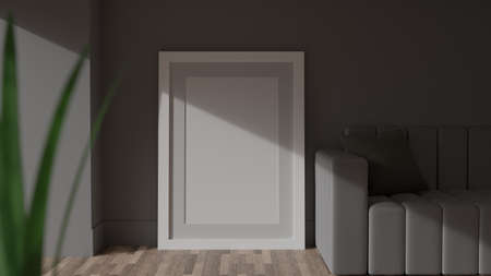 Poster mockup on a gray wall with a white frame. CGI image, 3D rendering, 3D illustrationの写真素材