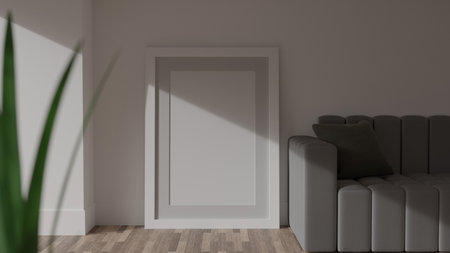 Poster mockup on a white wall with a white frame. CGI image, 3D rendering, 3D illustrationの写真素材