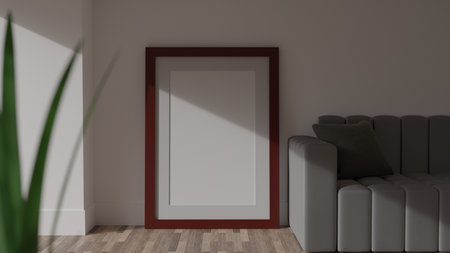 Poster mockup on a white wall with a redr frame. CGI image, 3D rendering, 3D illustrationの写真素材