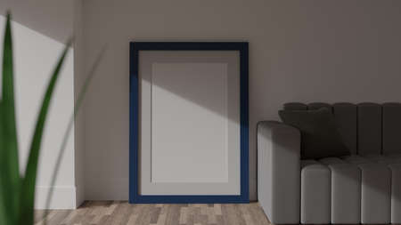 Poster mockup on a white wall with a blue frame. CGI image, 3D rendering, 3D illustrationの写真素材