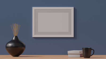 Wooden empty poster frame mockup on a simple wall. 3D rendering CGI illustrationの写真素材