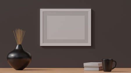 Wooden empty poster frame mockup on a simple wall. 3D rendering CGI illustrationの写真素材